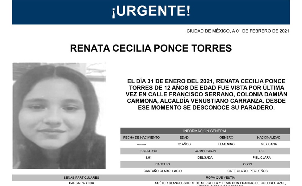 #AlertaAmber Ayuda a Renata Cecilia Ponce Torres a volver a casa; fue vista por última vez el 31 de enero en la colonia Damián Carmona eluniversal.com.mx/metropoli/cdmx…
