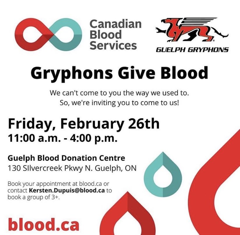 RubertoPeter's tweet photo. Hello Gryphons! Want to donate blood? Gryphons Give Blood Day will occur on February 26th from 11am-4pm! Don't have a ride? That's okay! Students and staff can email giveblooduog@gmail.com and they will arrange rides for groups of 3 or more! #biom4180 #GryphonsGiveBlood https://t.co/MaNqAwrHSY