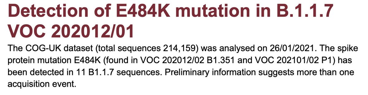 Concerning data from PHE today suggesting that sequencing shows that there are 11 cases of the UK variant (B117) identified that also have the E484K mutation (the one found in the so-called South Africa and Manaus variants). This is important and concerning for many reasons. 