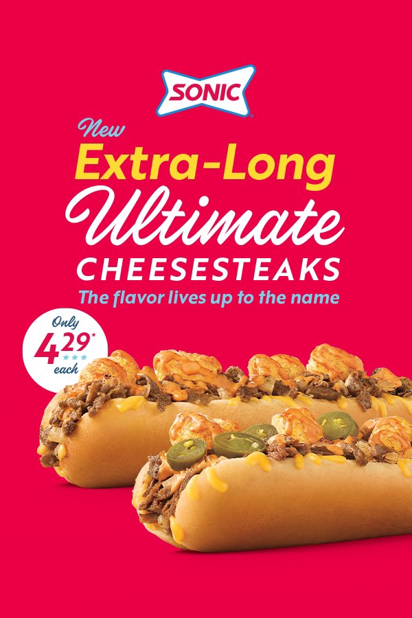 NEW at SONIC: Extra-Long Ultimate Cheesesteaks! Try the Original or kick up the heat and order the Spicy Extra-Long Ultimate Cheesesteak with jalapenos.