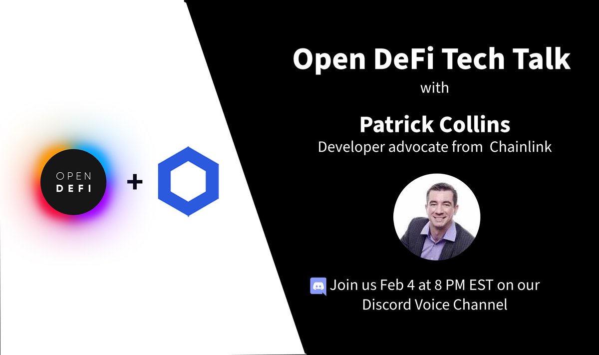 open_defi's tweet photo. Another #OpenDefi Tech Talk coming Thursday Feb 4 🚀

Join Patrick Collins from @chainlink for a discussion on #chainlink integration with  #DeFi apps...8 PM EST in the talk channel on Discord  #Link 
https://t.co/q1YpI4F9kI https://t.co/c65bItTLSt