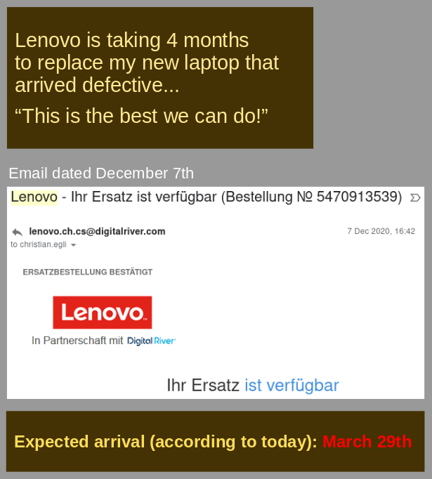 chregli's tweet photo. Lenovo is taking 4 months to replace my new laptop that arrived defective...
“This is the best we can do!”
@Lenovo @DigitalRiverInc @LenovoSupport #Lenovo https://t.co/EerknVZMlE