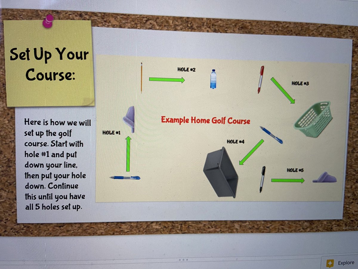 CorcoranMarlee's tweet photo. This week in #physedathome our @johnmccraeps Ss are playing mini golf! I always post the equipment list a few days before the lesson so they have time to gather what they need &amp; we have been using shared docs for scorecards so we feel like we’re playing together! #targetgames https://t.co/EarWXSV1ML