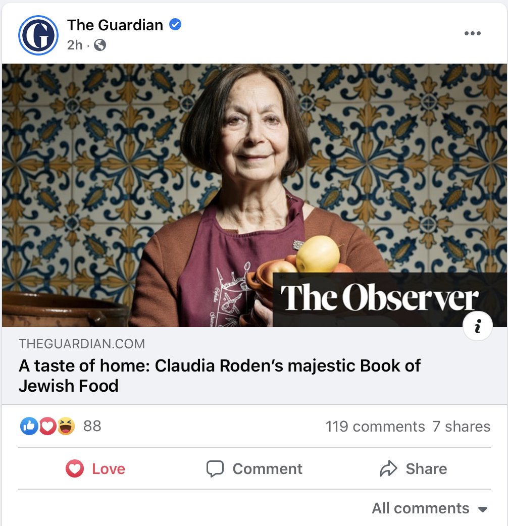Claudia Roden, a British Jew whose family (originally Syrian) were made refugee from Egypt, is one of the world's most celebrated cookery writers. Her beloved blue 'Book of Jewish Food' was recently featured  @jayrayner1 in  @ObserverUK and posted on Facebook today. What ensued?