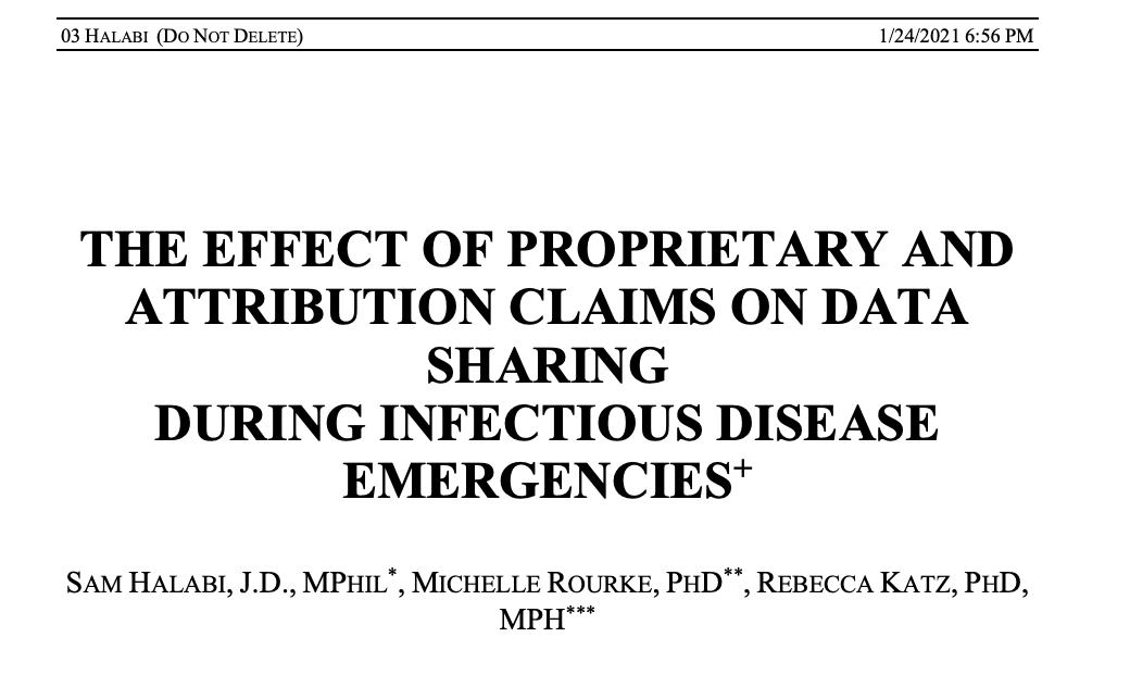 georgetown_ghss's tweet photo. New publication in @UMD_JHCLP ! 📬

"The Effect of Proprietary and Attribution Claims on Data Sharing During Infectious Disease Emergencies" by Sam Halabi, Michelle Rourke, &amp; @RebeccaKatz5 

Read it here: https://t.co/EGrhTaffDK https://t.co/Nc3MEmPULT