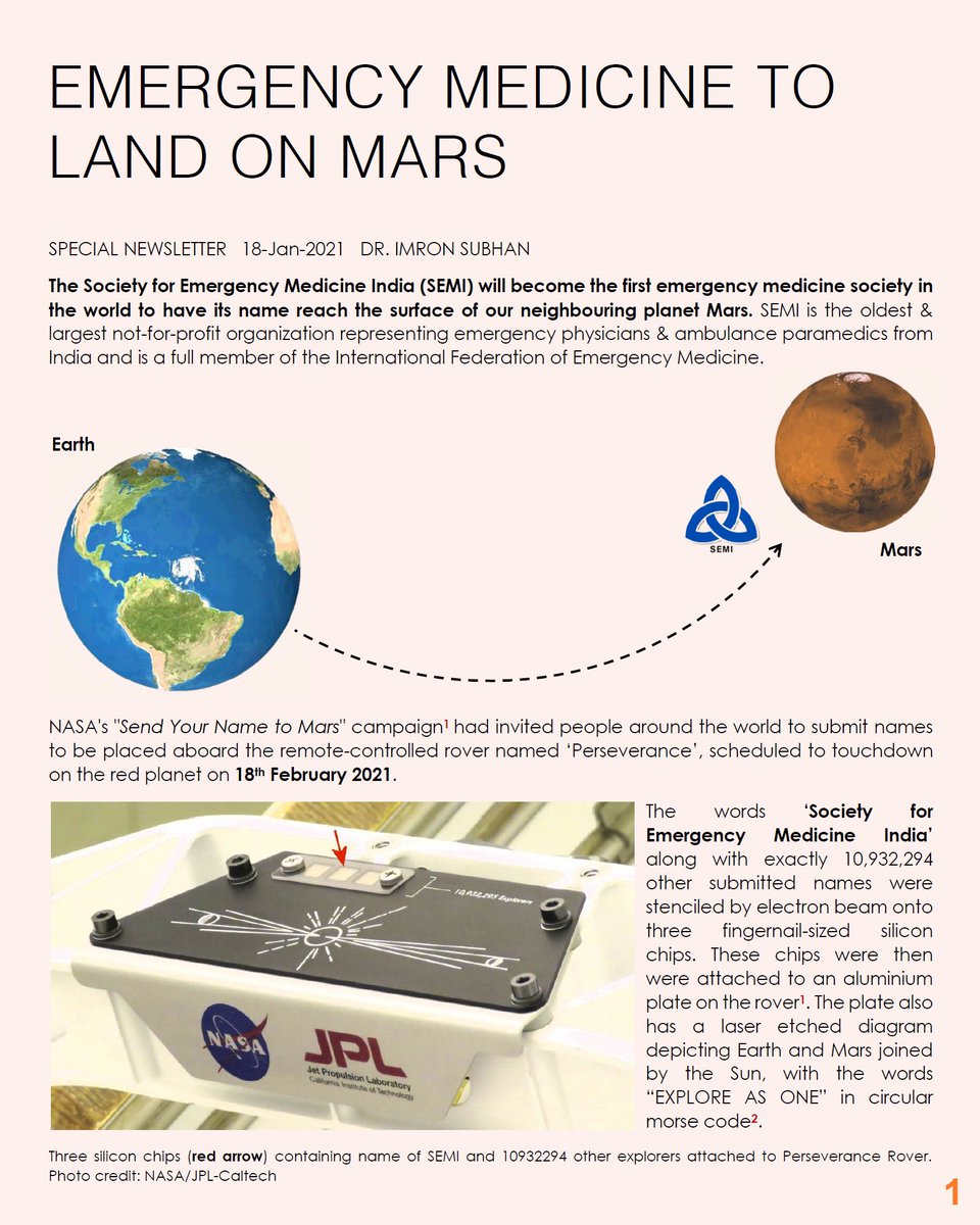 SEMI_India's tweet photo. "That's one small step for SEMI, one giant leap for emergency medicine". EM will reach Mars!
@NASA Mars 2020 rover @NASAPersevere has honored all frontline emergency physicians, nurses &amp; healthcare staff for the difficult work they have done during this COVID19 pandemic. @IFEM2 https://t.co/HsM1Pee1V3