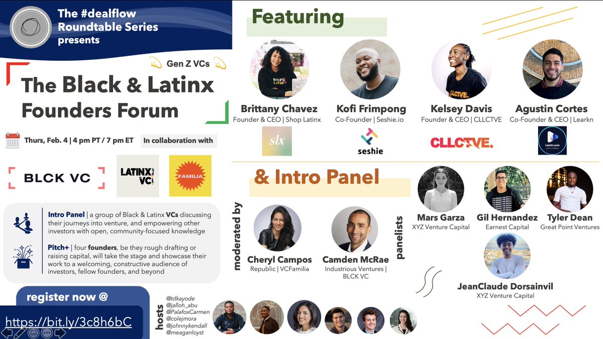 On Thursday, 2/4, BLCK VC, Gen Z VCs, LatinxVCs, VCFamilia will host The Black & Latinx Founders Forum. RSVP at: https://bit.ly/3c8h6bC