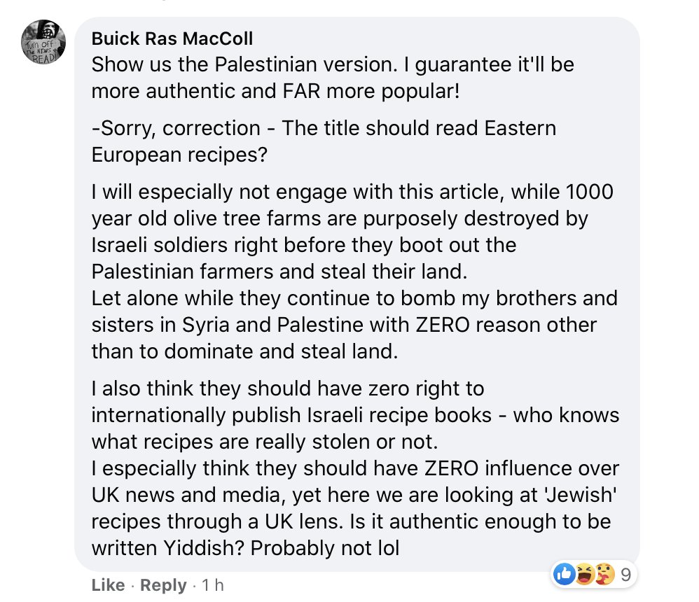 No. What followed was a vile stream of antisemitic, ignorant and hateful remarks. So ignorant, it should almost be laughable. Almost. Comparisons to Nazis. Accusations of theft. Accusations of baby-killing. Erasure of the rich tapestry of Jewish cultural, history & experience.