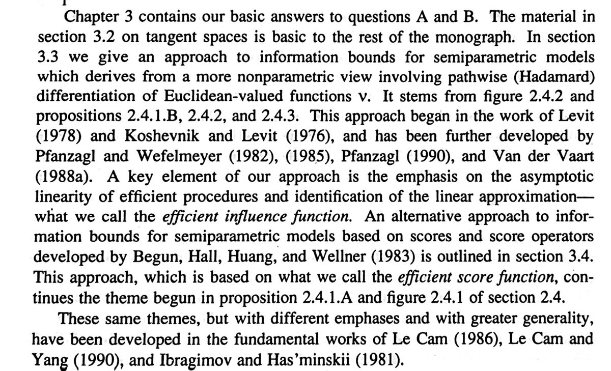 Here’s a (now 35 yr old) book review where Bickel gives some history:  https://projecteuclid.org/euclid.aos/1176346530A more detailed discussion of the early days is in the comprehensive semiparametrics text by BKRW: https://www.springer.com/gp/book/9780387984735Would love to hear if others know good historical resources!