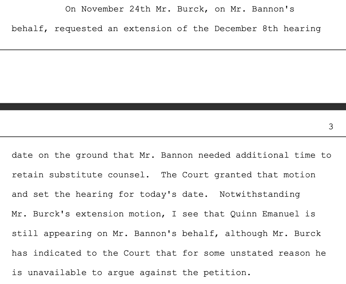 First, appreciation to Judge Cooper who highlights Bannon's weird reason for asking for an extension to retain counsel. Quinn Emanuel (firm) fired Bannon (after his "heads on pikes" comment made on War Room Pandemic) in his NY criminal case, yet still represent him on this case??