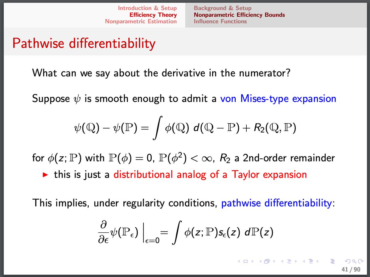 Pfanzagl uses pathwise differentiability above, but w/regularity conditions this is just a distributional Taylor expansion, which is easier to think aboutI note this in my tutorial here: https://twitter.com/edwardhkennedy/status/1045652861605097476?s=20Also v related to  @VC31415 orthogonality - worth a separate thread