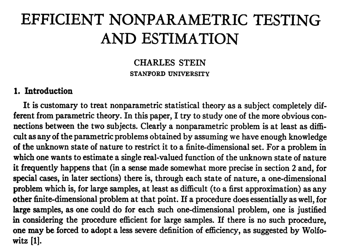 For lower bounds & optimality:65 yrs ago Stein laid the groundwork for adapting classic Cramer-Rao bounds to the messy nonparametric world: https://twitter.com/edwardhkennedy/status/1121269311027535873?s=20This was extensively developed & generalized in 70s/80s by Hasminskii, Ibragimov, Koshevnik, Levit, Pfanzagl, etc