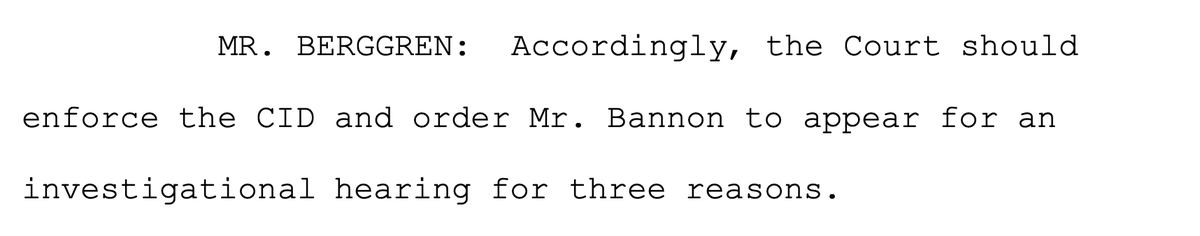 This transcript isn't Bannon's "under oath" testimony but gives us insight into the  @FTC's thinking. Asking the court for a civil investigative demand (CID) to get Bannon to testify on what he knows about  #CambridgeAnalytica/Facebook data harvesting and if he still has that data.