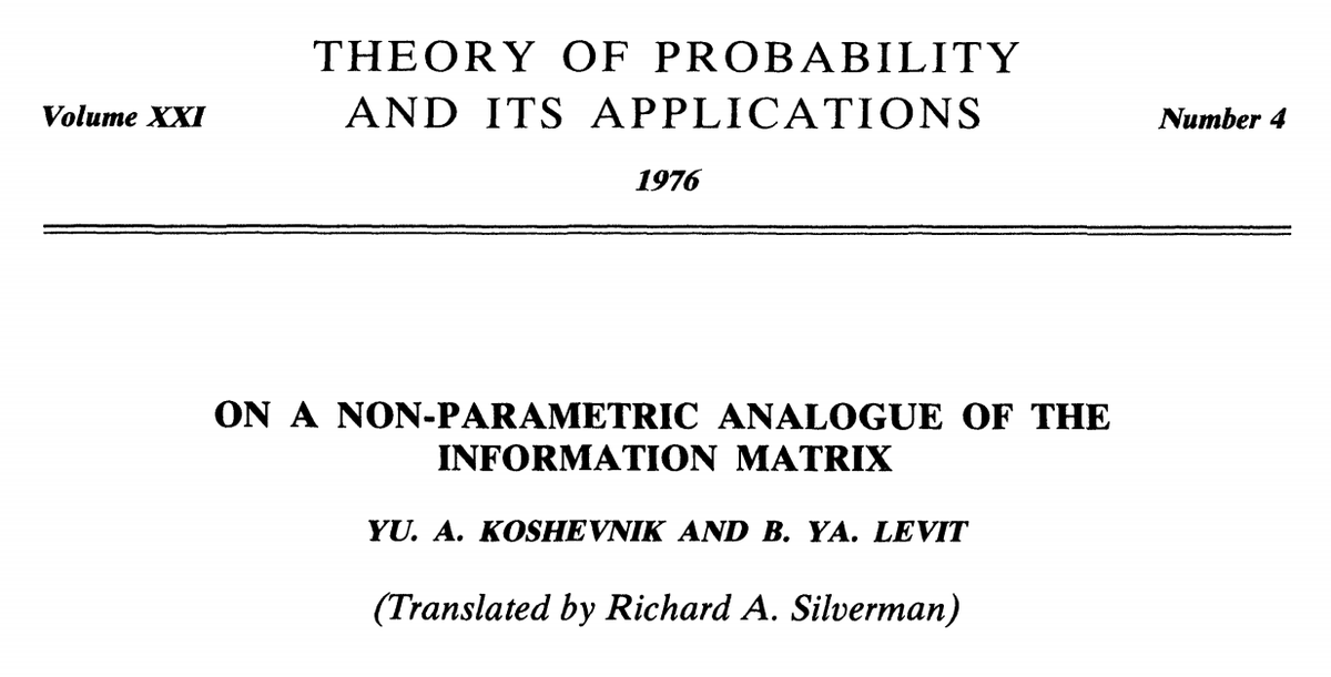 For lower bounds & optimality:65 yrs ago Stein laid the groundwork for adapting classic Cramer-Rao bounds to the messy nonparametric world: https://twitter.com/edwardhkennedy/status/1121269311027535873?s=20This was extensively developed & generalized in 70s/80s by Hasminskii, Ibragimov, Koshevnik, Levit, Pfanzagl, etc