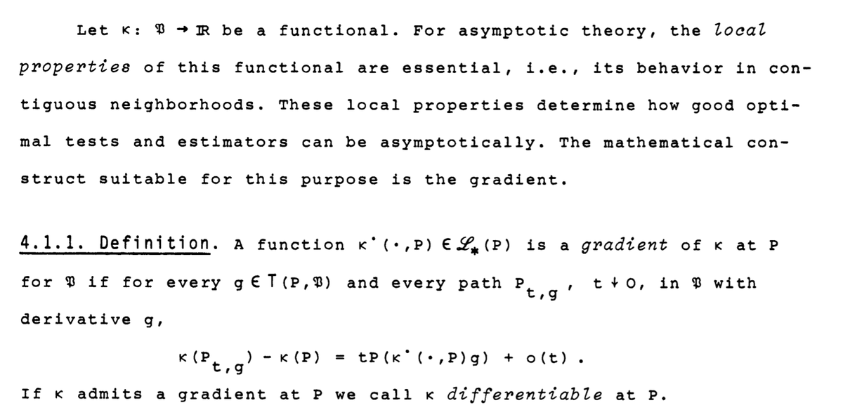 Here’s Pfanzagl on the gradient of a functional/parameter, aka derivative term in a von Mises expansion, aka influence function, aka Neyman-orthogonal scoreRichard von Mises first characterized smoothness this way for stats in the 30s/40s! eg: https://projecteuclid.org/euclid.aoms/1177730385