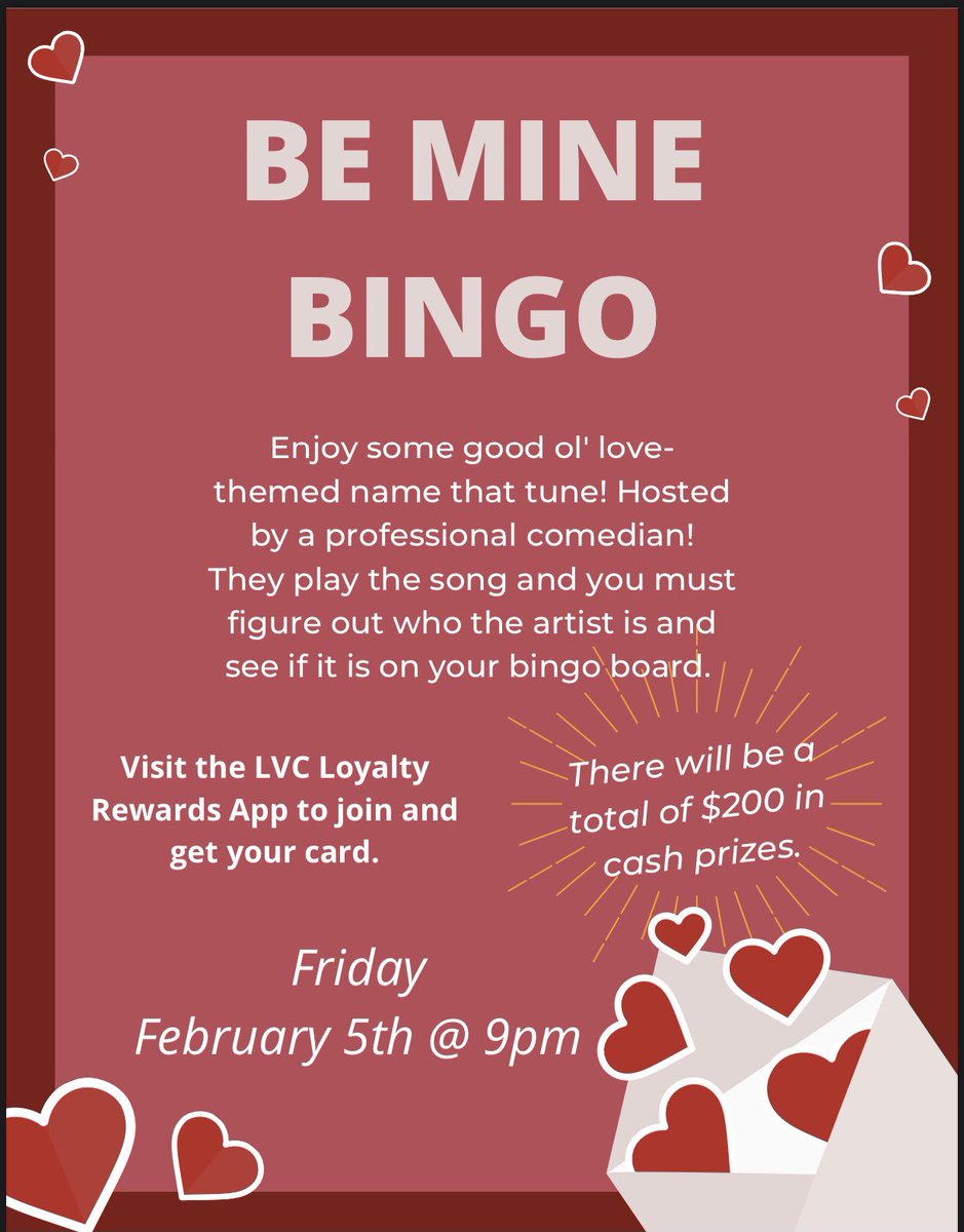 spb_lvc's tweet photo. Happy First Day of Classes LVC! This Friday will be our first event of the semester! Love song bingo at 9pm on Friday night! Click on the link provided in your LVC Loyalty Rewards App to join! We can’t wait to have you! https://t.co/ABI7CFIbpN