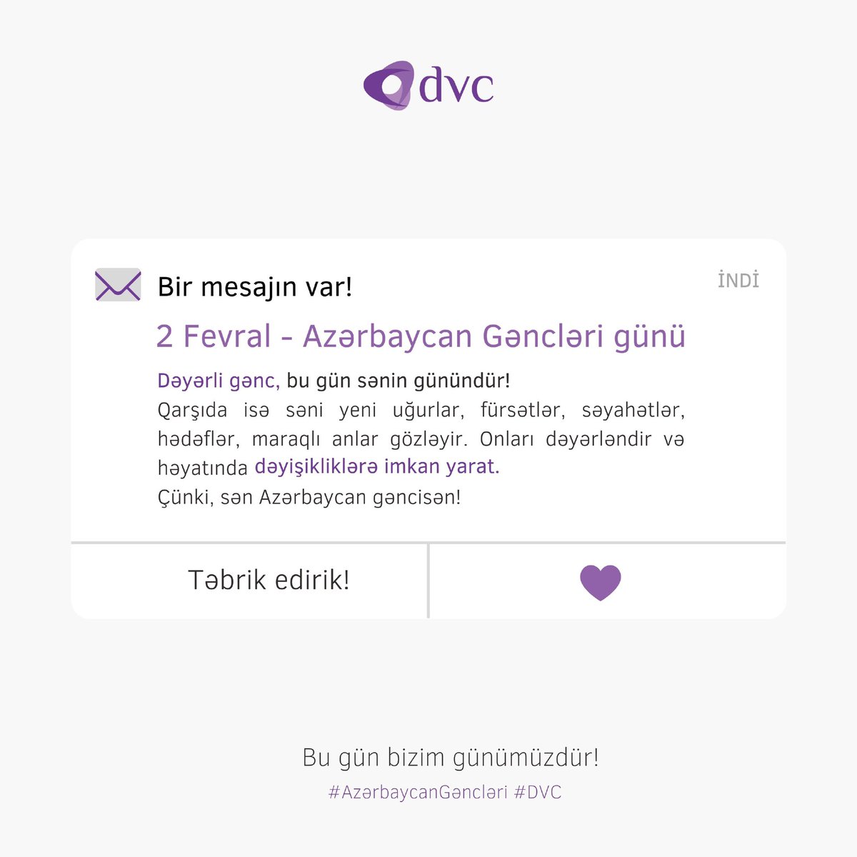 dvcpu's tweet photo. Dəyərli gənc, günün mübarək! 💜

#2fevral #AzərbaycanGəncliyi #DVC #dvcpu #azdebate https://t.co/HjP5i9Dz4p
