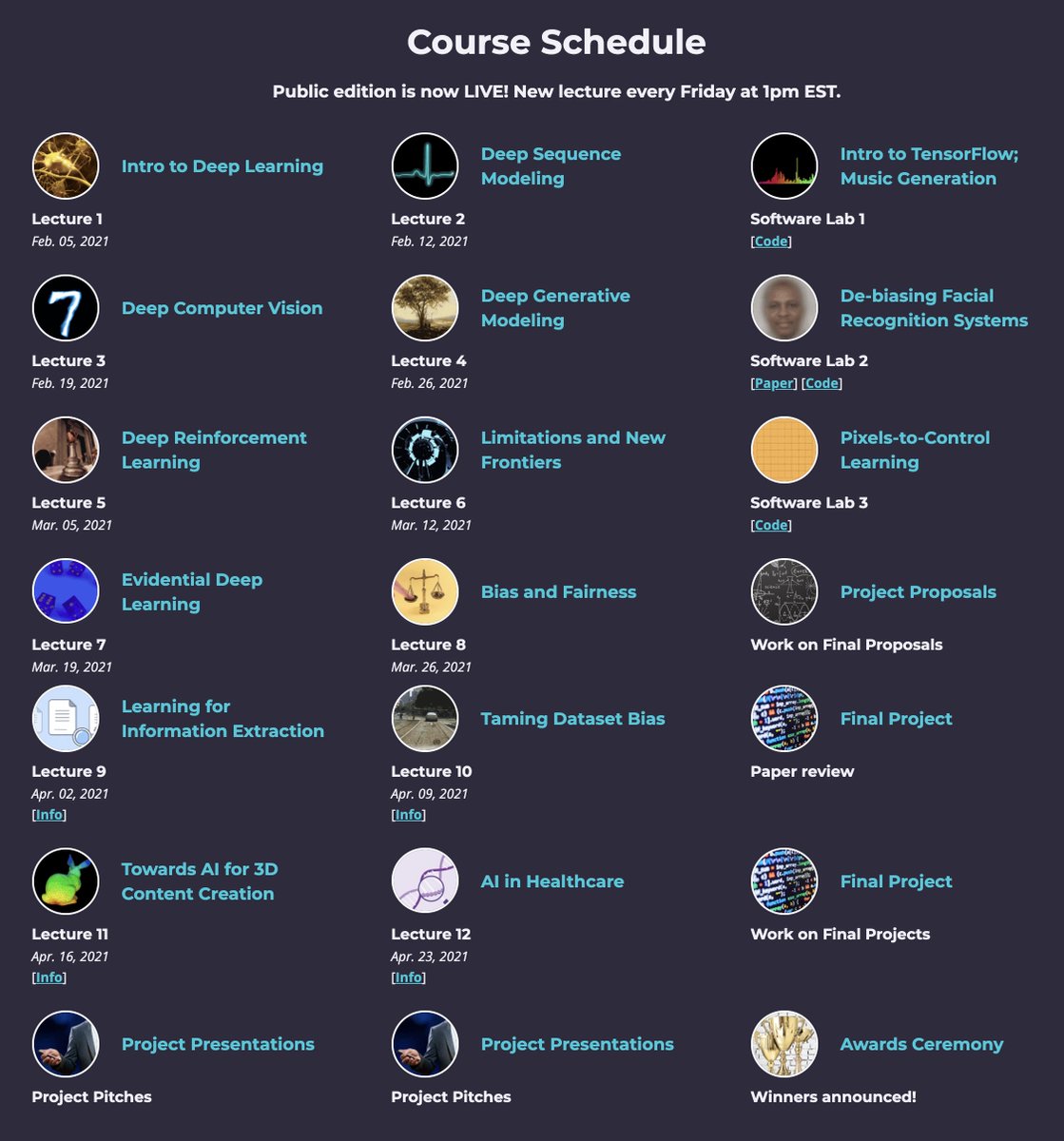 svpino's tweet image. FREE MIT's official introductory course on deep learning.

The public edition is now live! A new lecture is published every Friday at 1pm EST.

Register now! 🧑‍💻

▫️ Course: introtodeeplearning.com
▫️ Syllabus: bit.ly/2Mt3Dkd