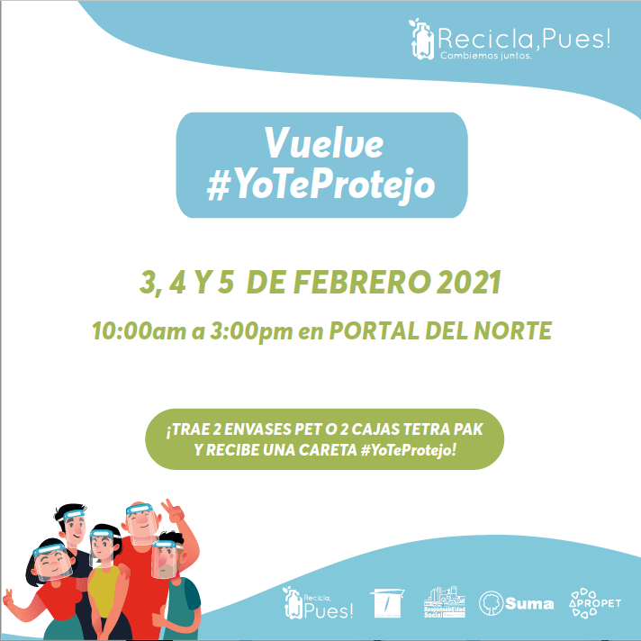 TransMilenio's tweet photo. Este 3, 4 y 5 de febrero te esperamos a las 10 a.m. en el Portal Norte, para continuar con nuestra estrategia de recambio para que te todos nos cuidemos.
¡No olvides llevar tus envases y cajas tetra pak y así recibirás una careta!
#ReciclaPues https://t.co/45plcKdcfc