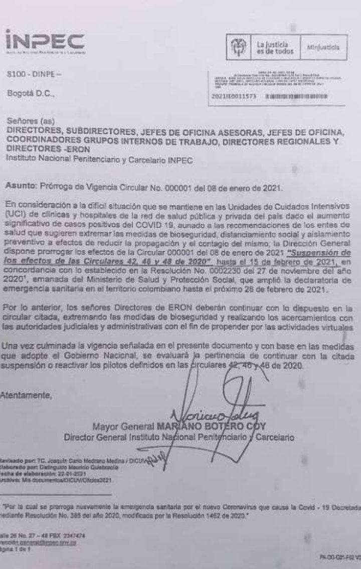 CDHPC1's tweet photo. @PreSOScol  publica prorroga de la circular 0001. muy grave los incumplimientos a nivel nacional @PGN_COL  pedimos intervención para evitar que se masacren a los internos dejándolos expuestos al virus por decisión de los directores. https://t.co/F3ztyzl0ci