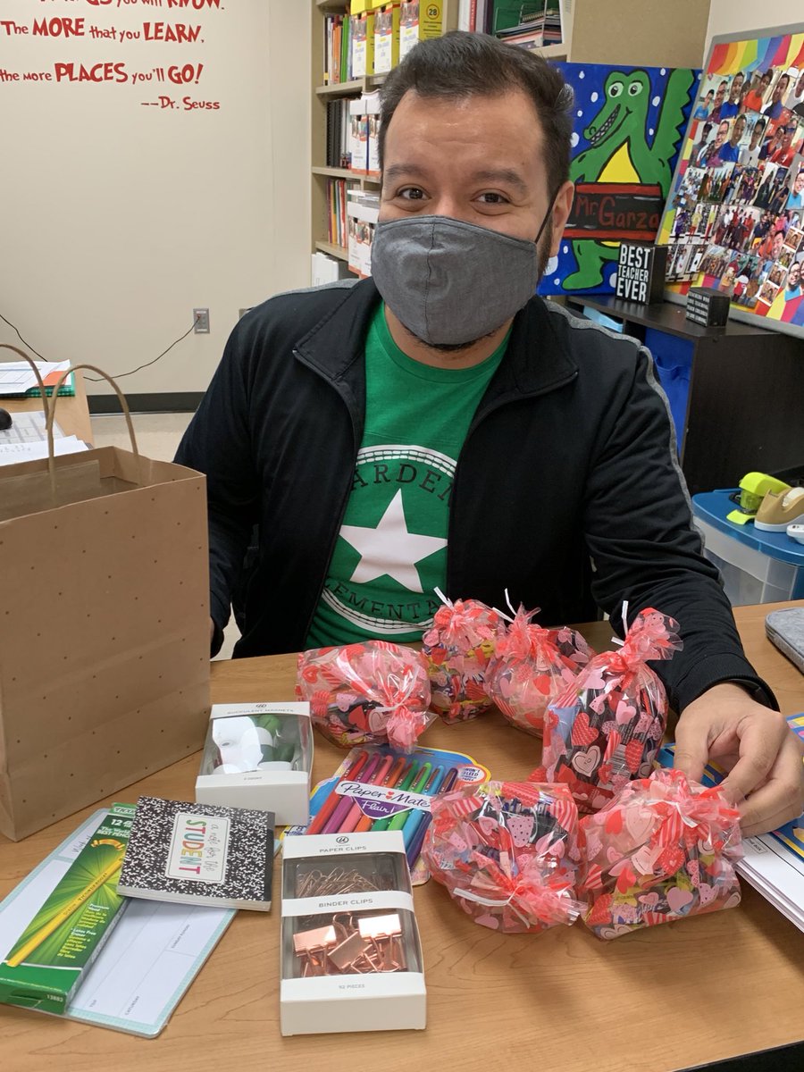 KirstaJenne's tweet photo. Our #GardensElem #TwitterBingo winner wheel selected 1st grade teacher @JaimeSingeltary as our January grand prize winner, but @mr_joseph_garza came prepared with goodie bags for all our awesome participants! 🐊❤️ #PISDMathChat #MathematizeChat https://t.co/wIRSn589xB