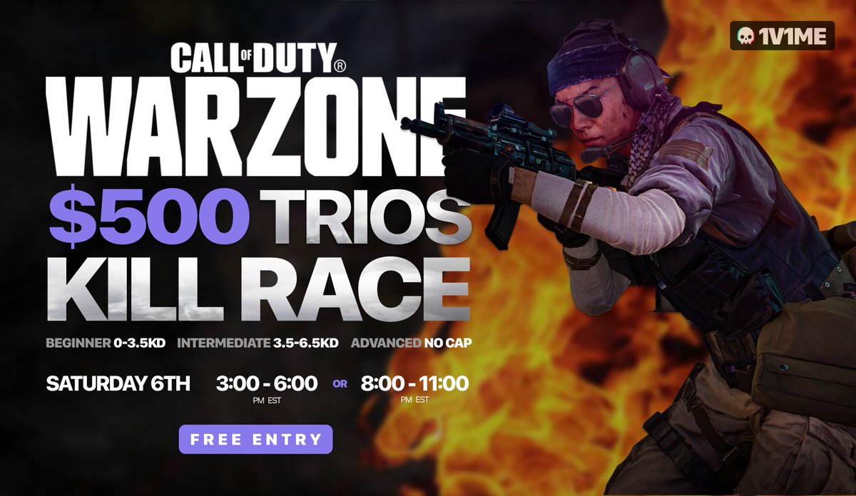 1v1Me Trios Kill Race Tourney!

🎮 #Warzone 

🗓️ Saturday February 6th. EU + NA time slots! 

‼️ FREE ENTRY

🤑 $500 PRIZE POOL

ENTER HERE: bit.ly/3cvbCYC