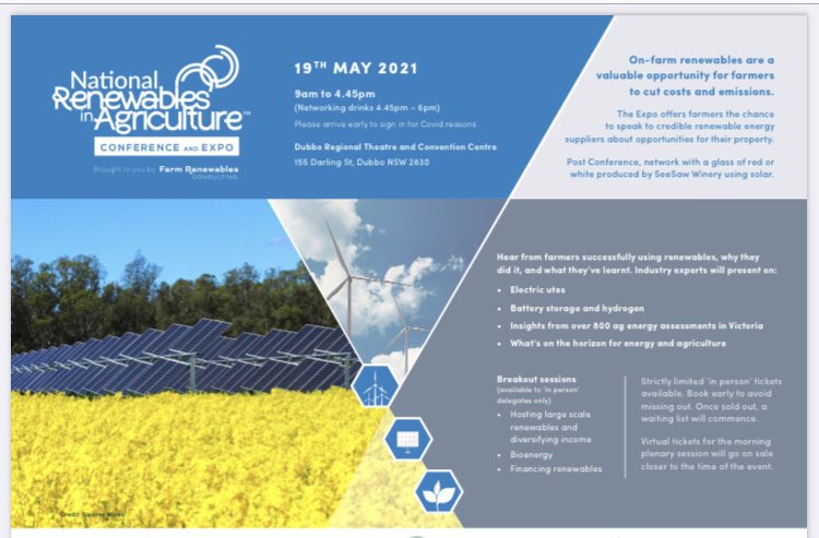 Karin Stark (@karinstark79) on Twitter photo SAVE the DATE..
19 May 2021 in Dubbo NSW
National #Renewables in #Ag Conference and Expo
Thanks to our sponsors <a href="/CEFCAus/">CEFC</a> @nswdpi <a href="/ReAquasolarpump/">ReAqua</a> and partners <a href="/farmingforever/">Farmers for Climate Action</a> <a href="/NSWFarmers/">NSW Farmers</a> <a href="/Nat_Irrigators/">National Irrigators'</a> <a href="/NationalFarmers/">National Farmers' Federation</a> <a href="/chamboak/">Andrew Chamberlin</a> <a href="/cleannrgcouncil/">Clean Energy Council</a> SAVE the DATE..
19 May 2021 in Dubbo NSW
National #Renewables in #Ag Conference and Expo
Thanks to our sponsors <a href="/CEFCAus/">CEFC</a> @nswdpi <a href="/ReAquasolarpump/">ReAqua</a> and partners <a href="/farmingforever/">Farmers for Climate Action</a> <a href="/NSWFarmers/">NSW Farmers</a> <a href="/Nat_Irrigators/">National Irrigators'</a> <a href="/NationalFarmers/">National Farmers' Federation</a> <a href="/chamboak/">Andrew Chamberlin</a> <a href="/cleannrgcouncil/">Clean Energy Council</a>