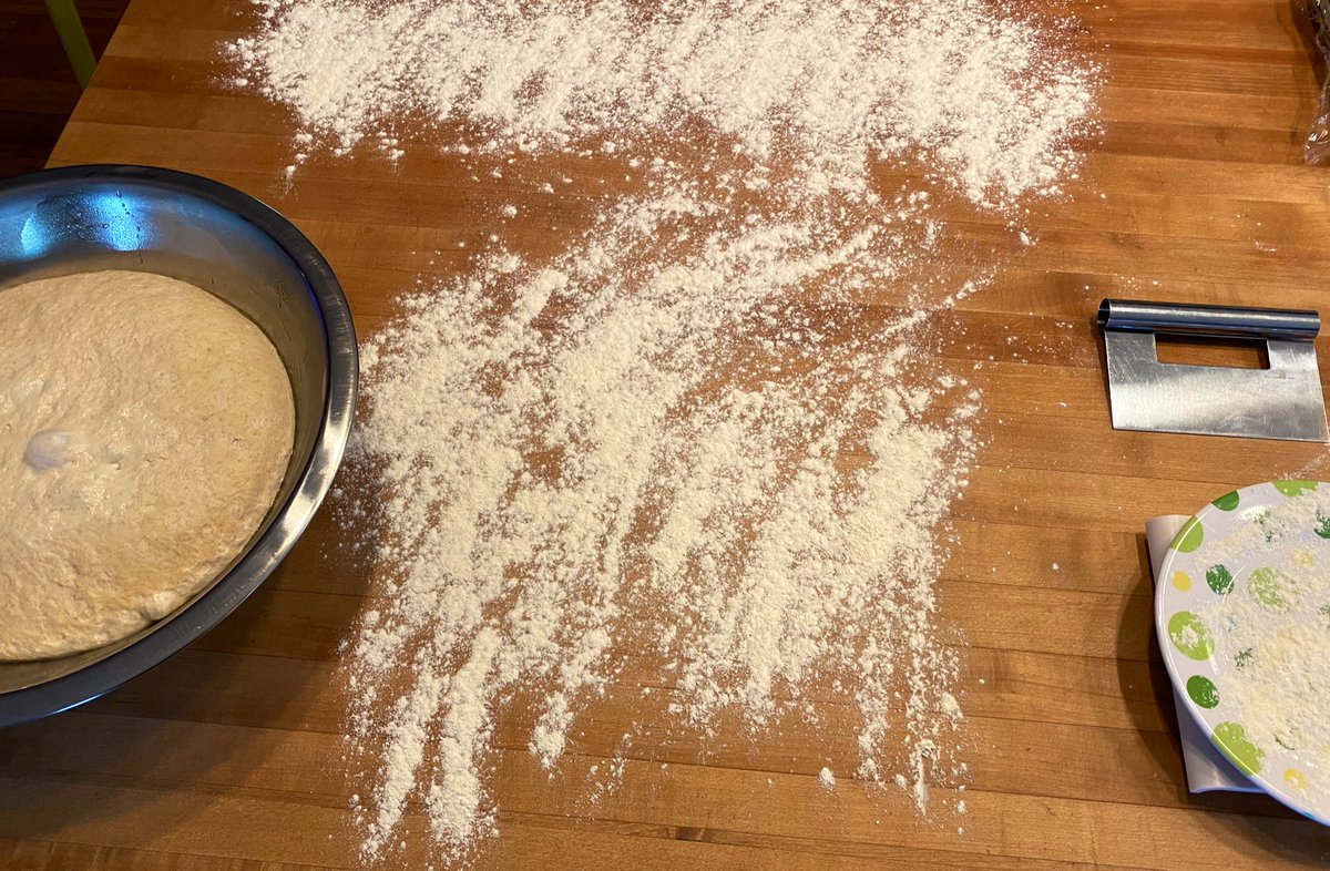 Let’s get going. Flour up two areas as shown. Dump the dough out, and use the pastry knife to cut ~350g of flour off. This is part of the ‘baguette de tradition française’ appellation so don’t screw this up, or French police may come.