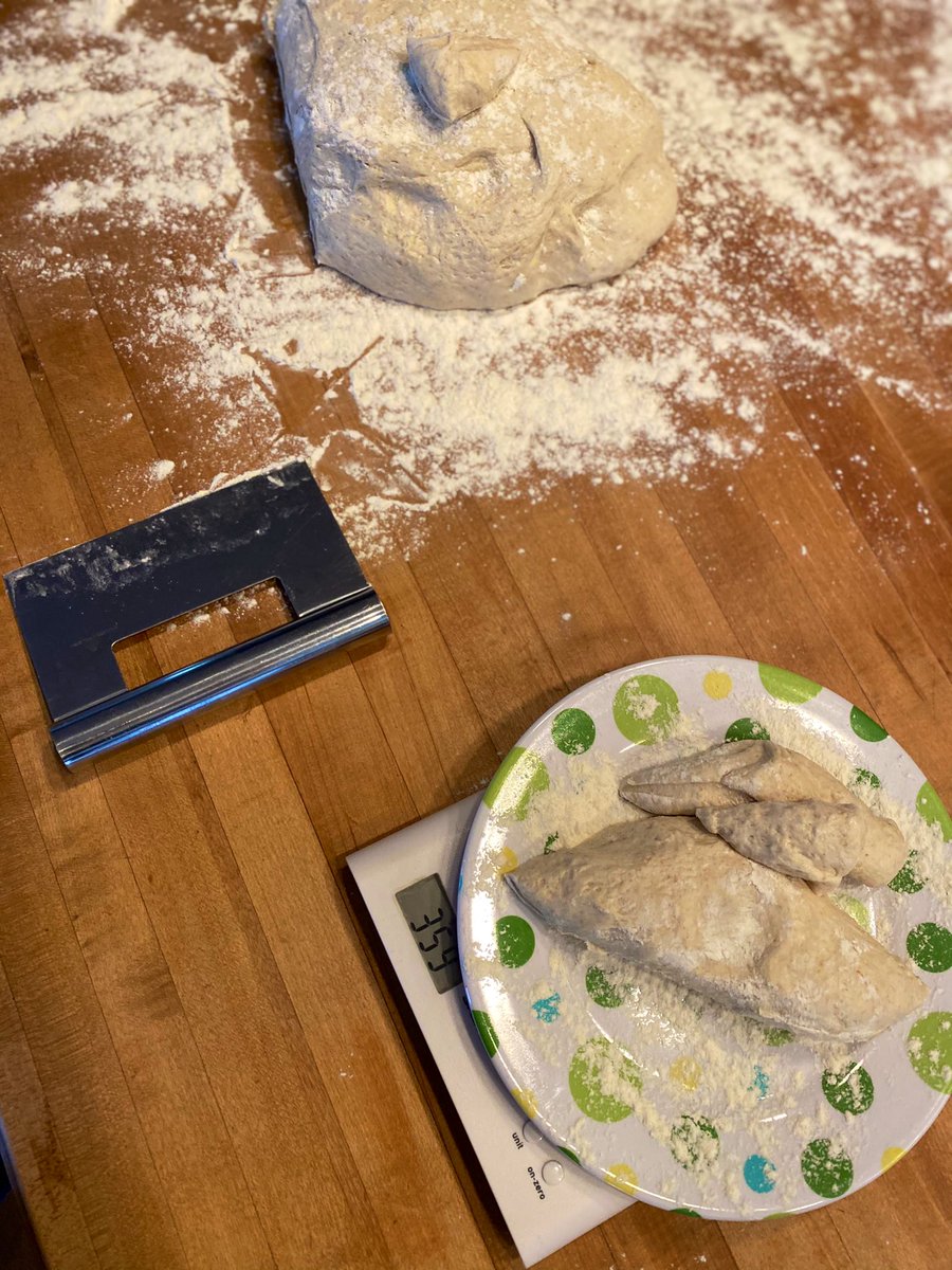 Let’s get going. Flour up two areas as shown. Dump the dough out, and use the pastry knife to cut ~350g of flour off. This is part of the ‘baguette de tradition française’ appellation so don’t screw this up, or French police may come.