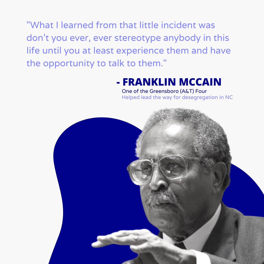 GenxConnect's tweet photo. Meet Franklin McCain. He’s one of four @ncatsuaggies students who sat down at a whites-only lunch counter in NC. His actions, along with David Richmond, Joseph McNeil, and Ezell Blair Jr., launched a sit-in movement that spread to cities across the nation &amp; led to desegregation. https://t.co/m2ZBTpcNOP