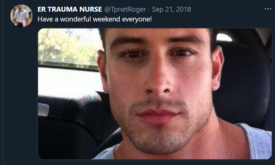 So I scrolled through "ER Trauma Nurse's" media posts (faster than looking at all tweets). Yes, figuring these things out is entertainment for me. Welcome to the Covid era.These are a different guy entirely. Did he think no one would notice? (Paul is also not a real person.) 3/