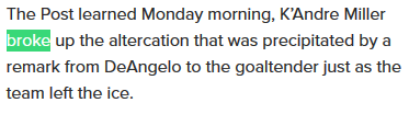 Here's where things get a little weird. Larry Brooks reported ( https://nypost.com/2021/01/31/tony-deangelo-alex-georgiev-got-physical-after-rangers-loss/?utm_campaign=iphone_nyp&utm_source=twitter_app) that Miller broke up the fight between Georgiev and DeAngelo but Don Legreca says that isn't true either  https://twitter.com/TMKSESPN/status/1356315149364244487