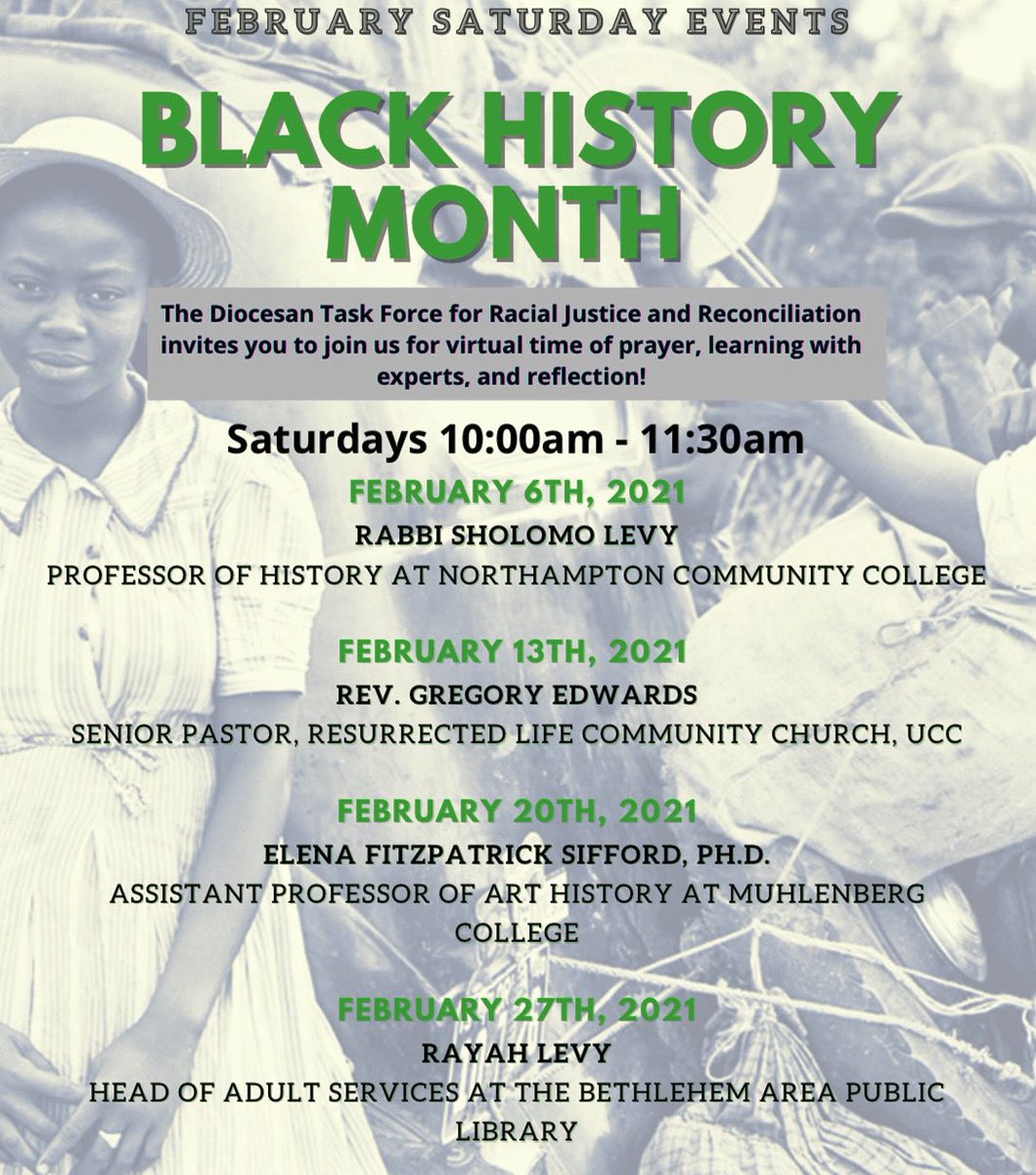 Diobeth's tweet photo. Join us for a virtual time of prayer and learning every Saturday of February!
This Saturday, February 6, we will have Rabbi Sholomo Levy.
Register on our website or contact Sandy Milien at sandy@diobeth.org
#bhm2021 #racialjustice #diobeth https://t.co/hIZyXyxN7x
