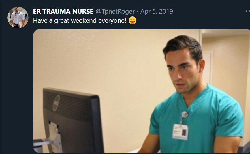 Also not the same guy as the profile pic, although this may be "fake Paul Palomo" again. Definitely not "ER Trauma Nurse". And here's another completely different guy, but in scrubs, from a stock photo. 4/
