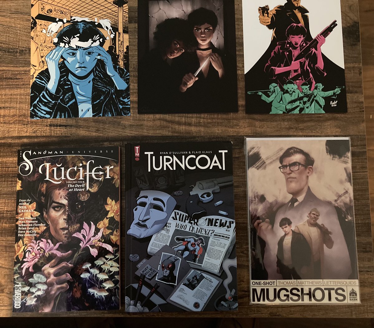 P03TH3IR's tweet photo. GREAT DAY FOR MAIL! @DanPGWatters final #Lucifer arc! @RyanOSullivan and Plaid Klaus’s #Turncoat! And @Jordan_J_Thomas, @CBMatthews88 and @LetterSquids physical copy/prints of #Mugshots. #whatiswhitenoise #DCBlackLabel #TPub #BurntBarn https://t.co/AcvjngiXGy