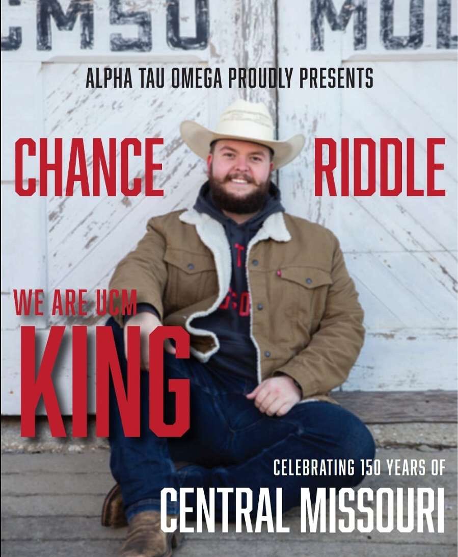 ATOUCM's tweet photo. "Its our honor to nominate Chance Riddle for Central Missouri's We Are UCM King! Chance is a Criminal Justice and Pre-Law major here at Central, and he has served at ATO's Treasurer and President. Vote for Chance Riddle next tuesday to help us celebrate 150 years of UCM!" https://t.co/Dl1waSroMf