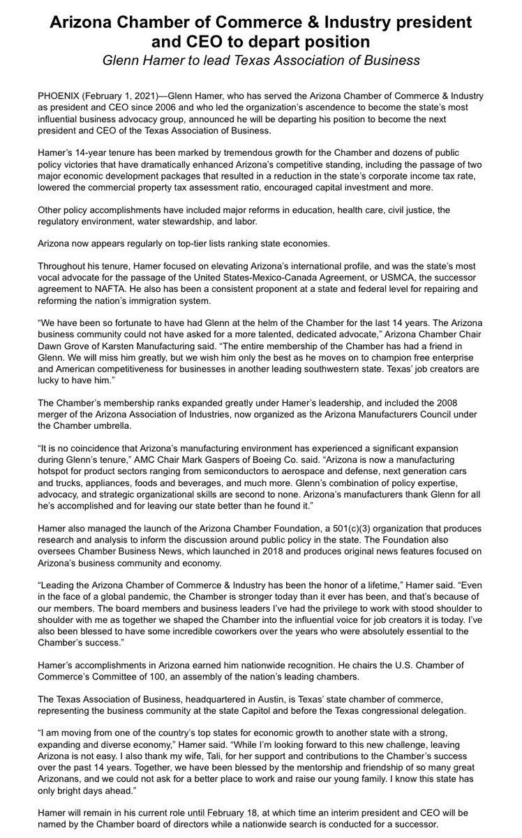 jeremyduda's tweet photo. Hamer time is over in Arizona. @AZChamber president and CEO @GlennHamer is leaving Arizona to head up the Texas Association of Business.

Hamer, a close ally of @dougducey, has been a major figure in Arizona politics since taking over the Chamber in 2006. https://t.co/IfyJSWZH7z