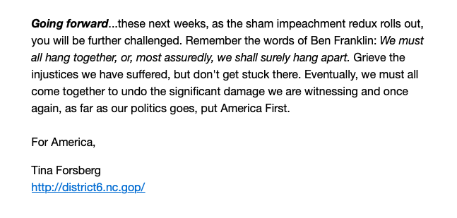 8/ While attacking the GOP, Foxx promotes "America First," a slogan Trump himself borrowed from Nazi sympathizers who tried to keep the US out of World War II. It's worth noting that GOP insiders are also embracing the slogan, as shown in this email from a local party chair in NC