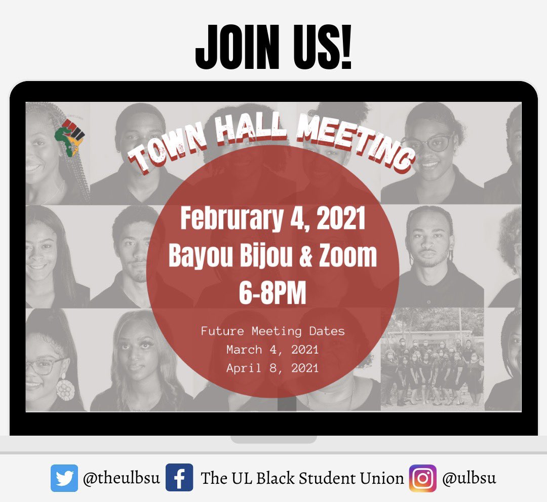 theULBSU's tweet image. BSU wants to see YOU at our FIRST Town Hall Meeting THIS THURSDAY. 🗓 We would love to meet you and get you up to date on what events are happening this semester!!👏🏽Seats are limited, so we suggest you get there early OR join us on ZOOM 💻!  #ulgetinvolved #ul24 #ul23 #ul22 #ul21