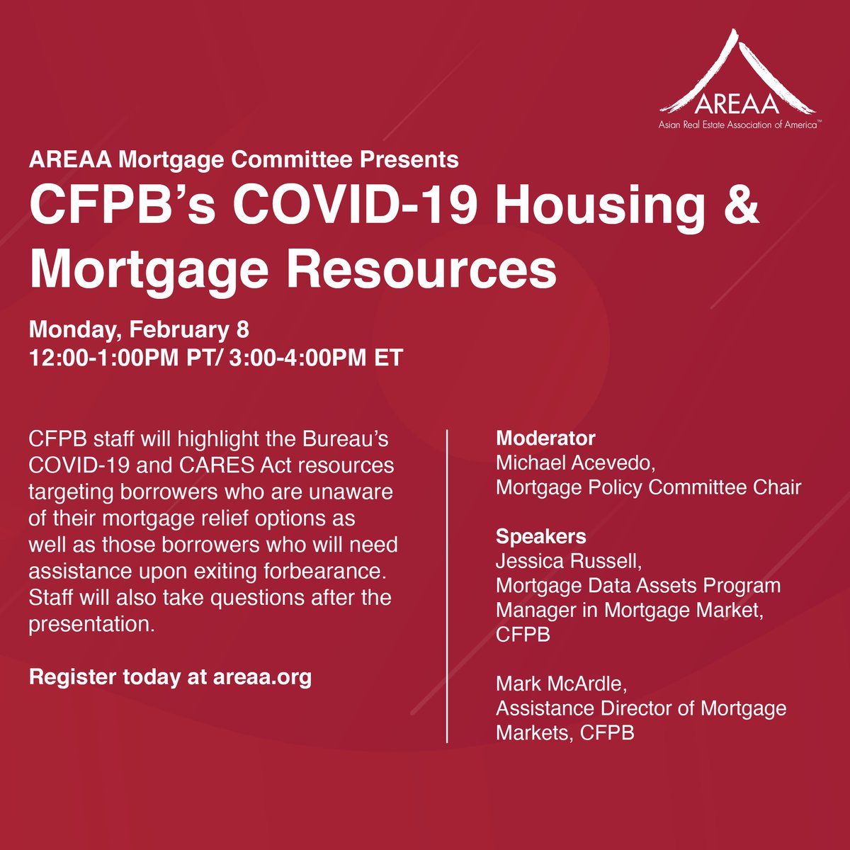 Join AREAA Mortgage Committee for an upcoming webinar with the CFPB this coming Monday February 8th at 10am PT/ 1pm ET. Register now at areaawebinar.paperform.co