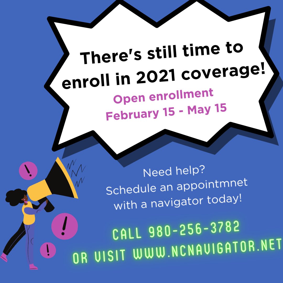 CLTLegAdvocacy's tweet photo. There's still time to enroll in 2021 coverage! The Health Insurance Marketplace will reopen Feb. 15-May 15 2021. Need help? Contact a navigator today! Phone: 980-256-3782 Online: https://t.co/13Cxc8RBBP https://t.co/oLCr9T8X3S