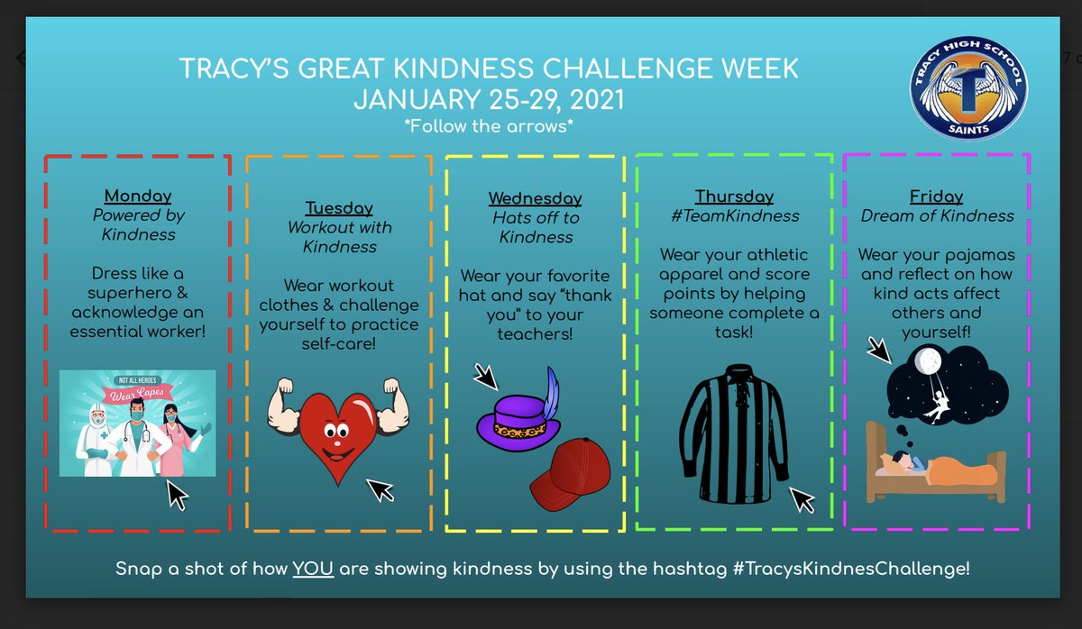 THSSaints's tweet photo. Kindness Challenge Week at THS!  Special thanks to Ms. Stephanie and Ms. Linda for making it all happen for our students.  Have fun with the challenge and let's appreciate how great it feels to be kind to others! https://t.co/62C6W3Jp0R