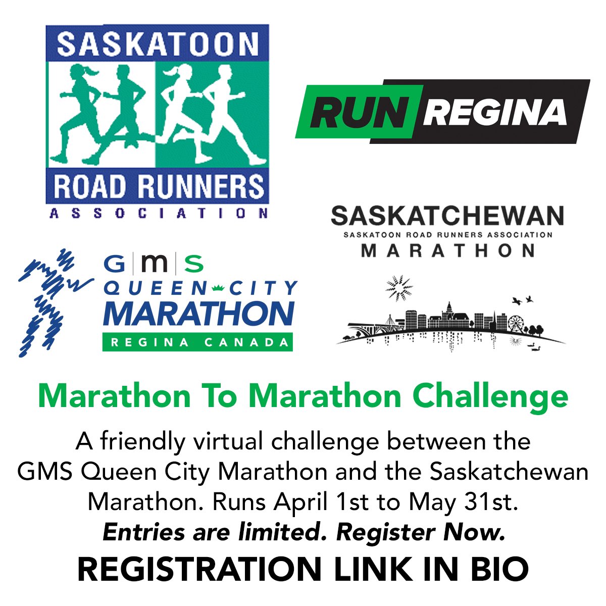 RunRegina's tweet photo. .@RunRegina and the @skroadrunners launch the Marathon To Marathon Challenge between the @GMSlivingwell @RunQCM and the @SaskMarathon.
This virtual event runs April 1st to May 31st. Entries are limited. For info and registration, CLICK LINK IN BIO. #RunRegina #RunSaskatoon https://t.co/K0ZpBiDcXq