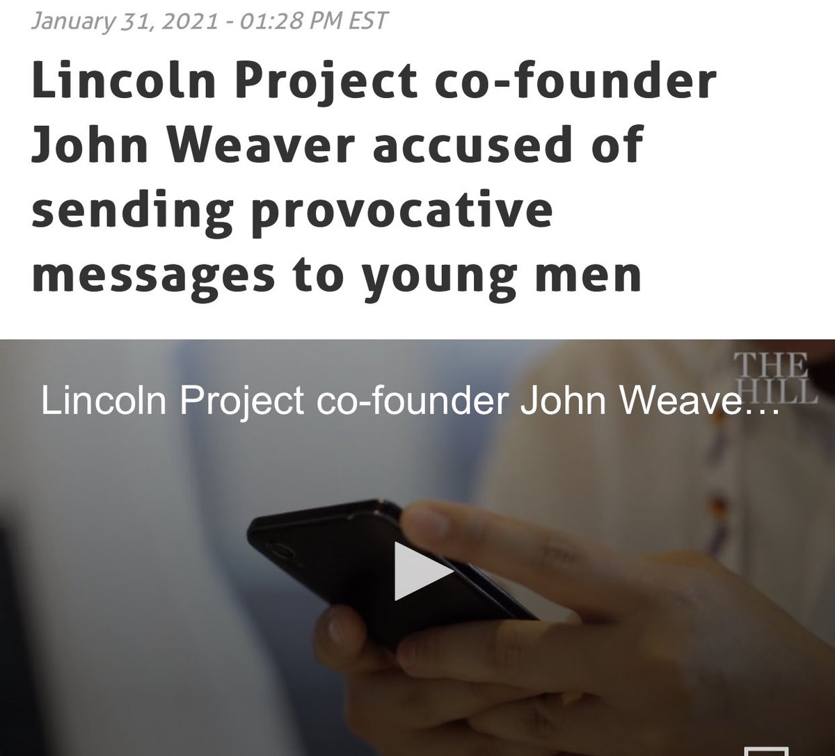 PedroMCasals's tweet photo. ÚLTIMO MINUTO: 

El co-fundador de #TheLincolnProject -de los principales opositores del presidente #Trump; el millonario #JohnWeaver ACABA de ser ACUSADO por más de 20 jóvenes MENORES DE EDAD de acoso y agresión sexual. 

Los pedófilos AMAN a los demócratas...🤭

#El4toBate https://t.co/LL6T8f1zMd