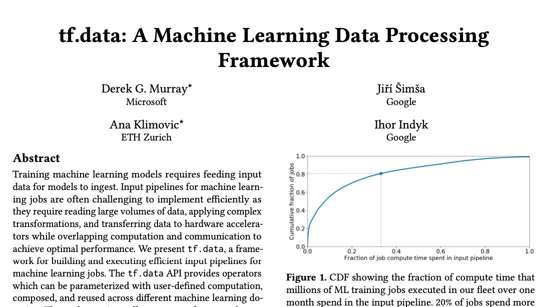 QuickTensorFlow's tweet image. Check out this just released paper from authors at Google/Microsoft on using tf.data for modern data processing!

Learn how to use this framework for computer vision &amp;amp; image classification datasets in the @QuickTensorFlow course 🖥

arxiv.org/abs/2101.12127