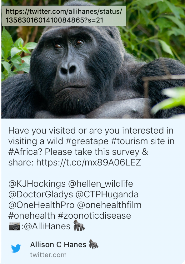 WINGSWoD's tweet photo. Fellow @DoctorGladys and Flag Carrier @AlliHanes want to help you visit a wild #greatape #tourism site in #Africa! Please take this survey and share: https://t.co/3BdwPlLBZ9

@OneHealthPro @CTPHuganda @onehealthfilm https://t.co/2eQGAyQXg3