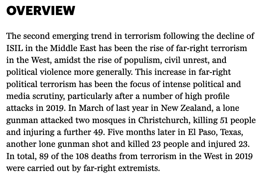 Page 60 - the overview statement on the section on right wing extremism notes a decline of ISIL attacks in the mid-east, and a rise in far-right terrorism in the West. It's like he didn't even read the intro statement on the antithesis to his conclusion.