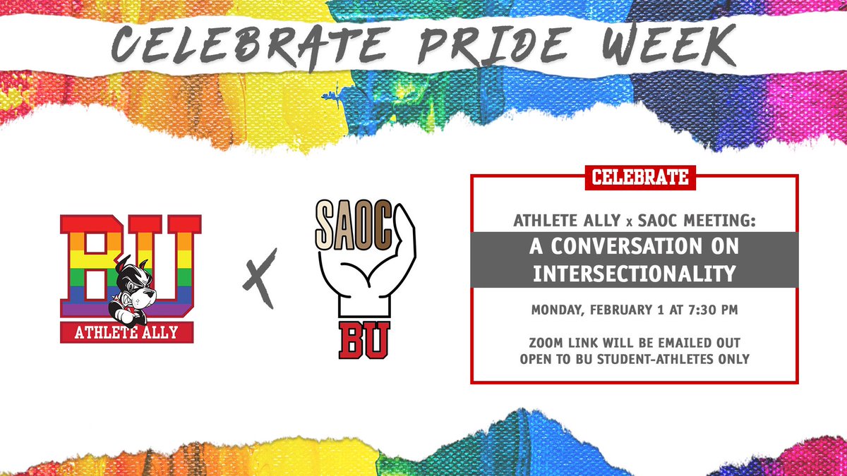 It’s Pride Week for Terrier Athletics 🏳️‍🌈! To kick things off, Athlete Ally and Student-Athletes of Color host a conversation on intersectionality tonight. #GoBU
