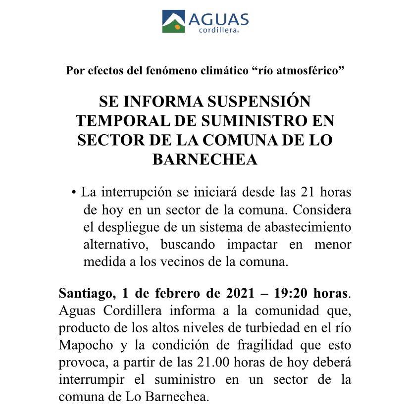 aguas_andinas's tweet photo. [1 de febrero 19:20]💧 ATENCIÓN! Confirmamos que producto de las extremas turbiedades del Río Mapocho, a partir de las 21.00 horas habrá suspensión temporal del servicio en sector acotado de #LoBarnechea. 

🚨 Conoce el polígono de corte en https://t.co/rYRMqTf5uS https://t.co/7TGzTfy0UJ