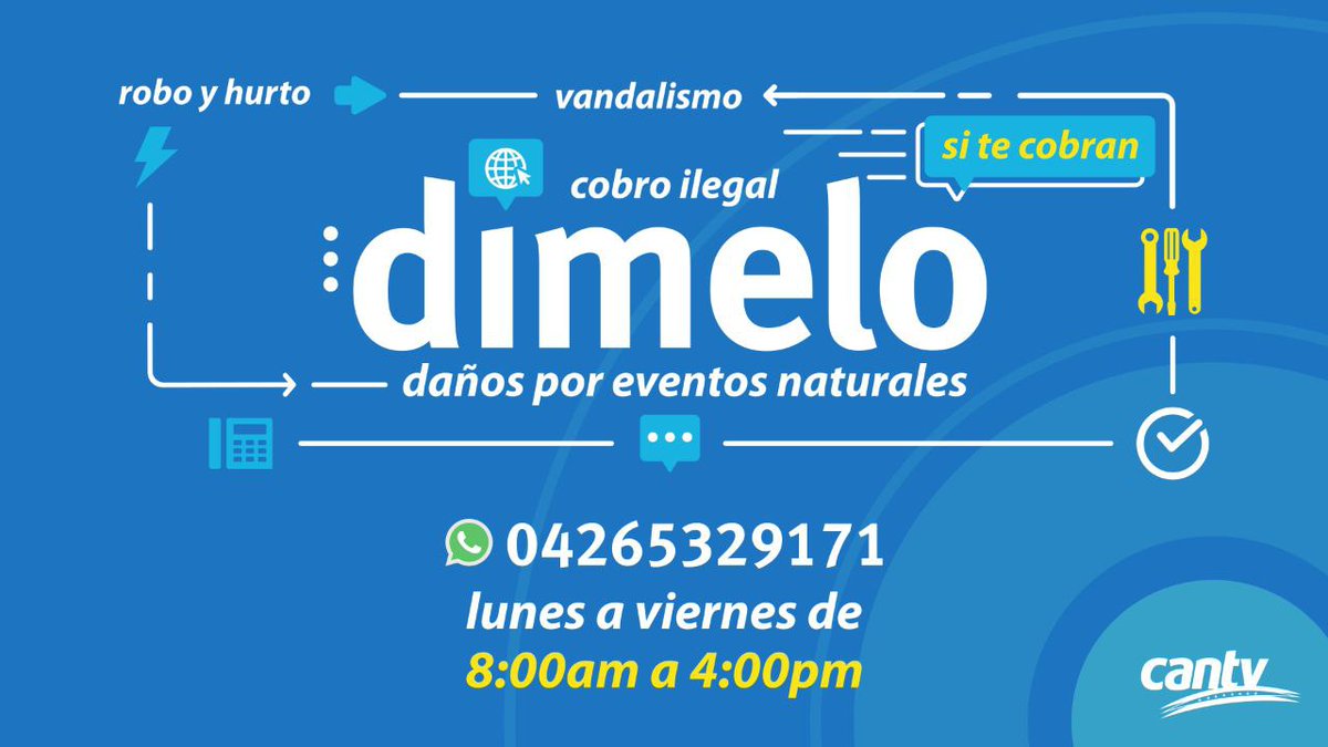 HumberCantv's tweet photo. #1Feb Cantv reitera que el cobro ilegal y las personas que cometen este delito no reflejan el espíritu ni el compromiso que caracteriza a sus trabajadores. Exhortamos a denunciar esta práctica a través del canal 08000 Dímelo (0800-0-346356) y vía WhatsApp al 0426-5329171. https://t.co/M5ldWswuVi